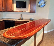 8'3" the "Santa Cruz" wooden surfboard bar top table, wood surfboard wall art home décor wall mount old growth reclaimed certified California redwood.