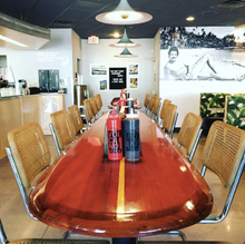 8'3" the "Santa Cruz" wooden surfboard bar top table, wood surfboard wall art home décor wall mount old growth reclaimed certified California redwood.