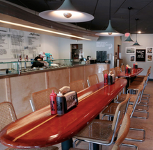 8'3" the "Santa Cruz" wooden surfboard bar top table, wood surfboard wall art home décor wall mount old growth reclaimed certified California redwood.