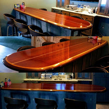 8'3" the "Santa Cruz" wooden surfboard bar top table, wood surfboard wall art home décor wall mount old growth reclaimed certified California redwood.