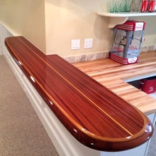 8'3" the "Santa Cruz" wooden surfboard bar top table, wood surfboard wall art home décor wall mount old growth reclaimed certified California redwood.
