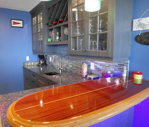 wooden surfboard for a bar